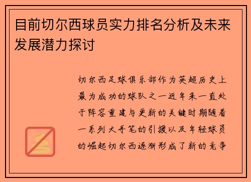 目前切尔西球员实力排名分析及未来发展潜力探讨